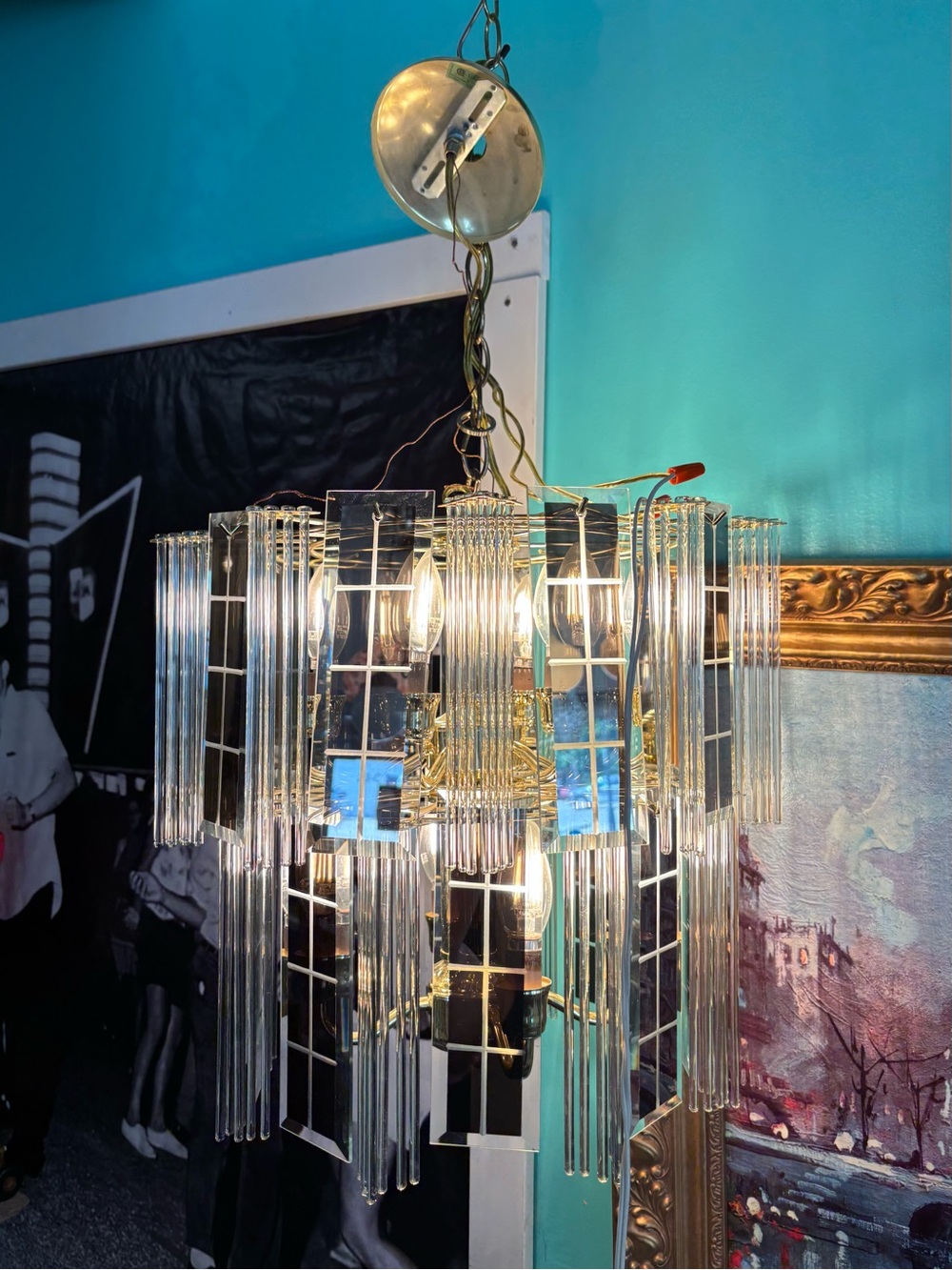 Vintage glass chandelier Ceiling Fixture, mirrored Rod Panel mid century